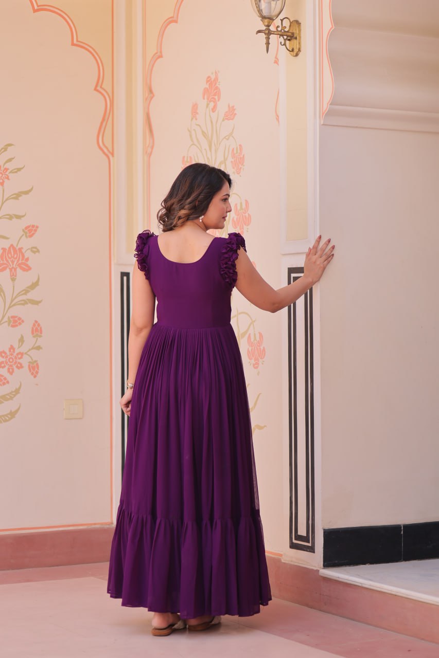 Women's Cotton Embroidered Flared Long Gown With Ruffle Sleeves - Image 19