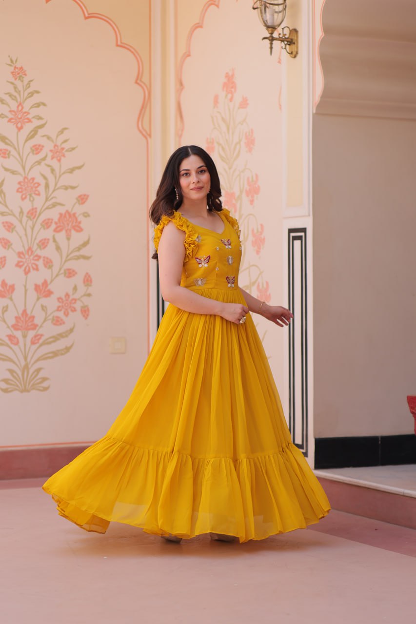 Women's Cotton Embroidered Flared Long Gown With Ruffle Sleeves - Image 20