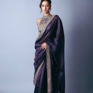 Women's Luxurious Plum Satin Saree with Intricate Zari & Sequin Embroidered Blouse