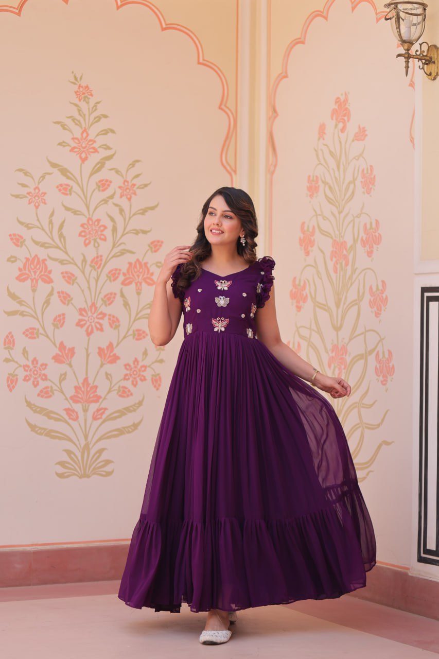 Women's Cotton Embroidered Flared Long Gown With Ruffle Sleeves - Image 3