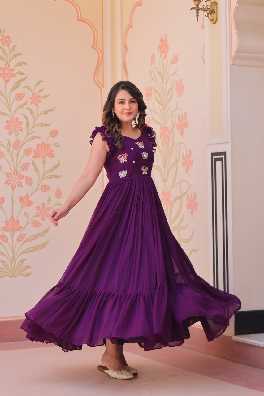 Women's Cotton Embroidered Flared Long Gown With Ruffle Sleeves - Image 4