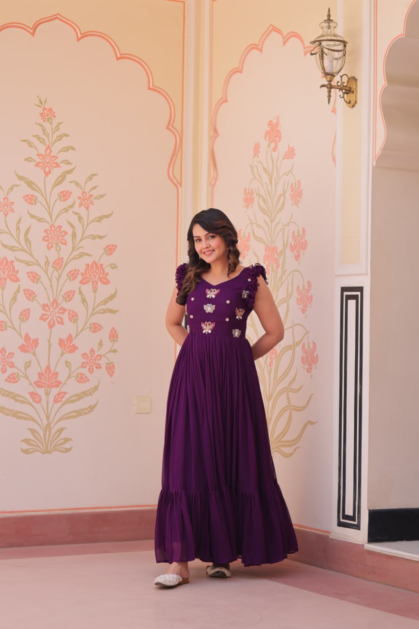 Women's Cotton Embroidered Flared Long Gown With Ruffle Sleeves - Image 6
