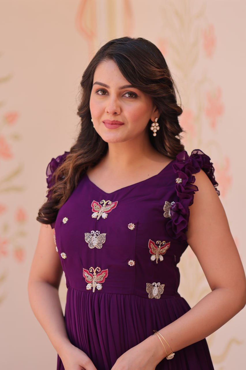 Women's Cotton Embroidered Flared Long Gown With Ruffle Sleeves - Image 7