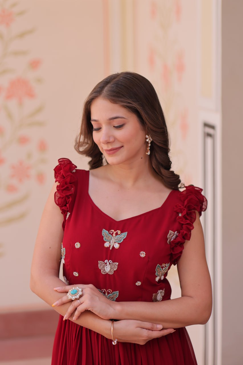 Women's Cotton Embroidered Flared Long Gown With Ruffle Sleeves - Image 8