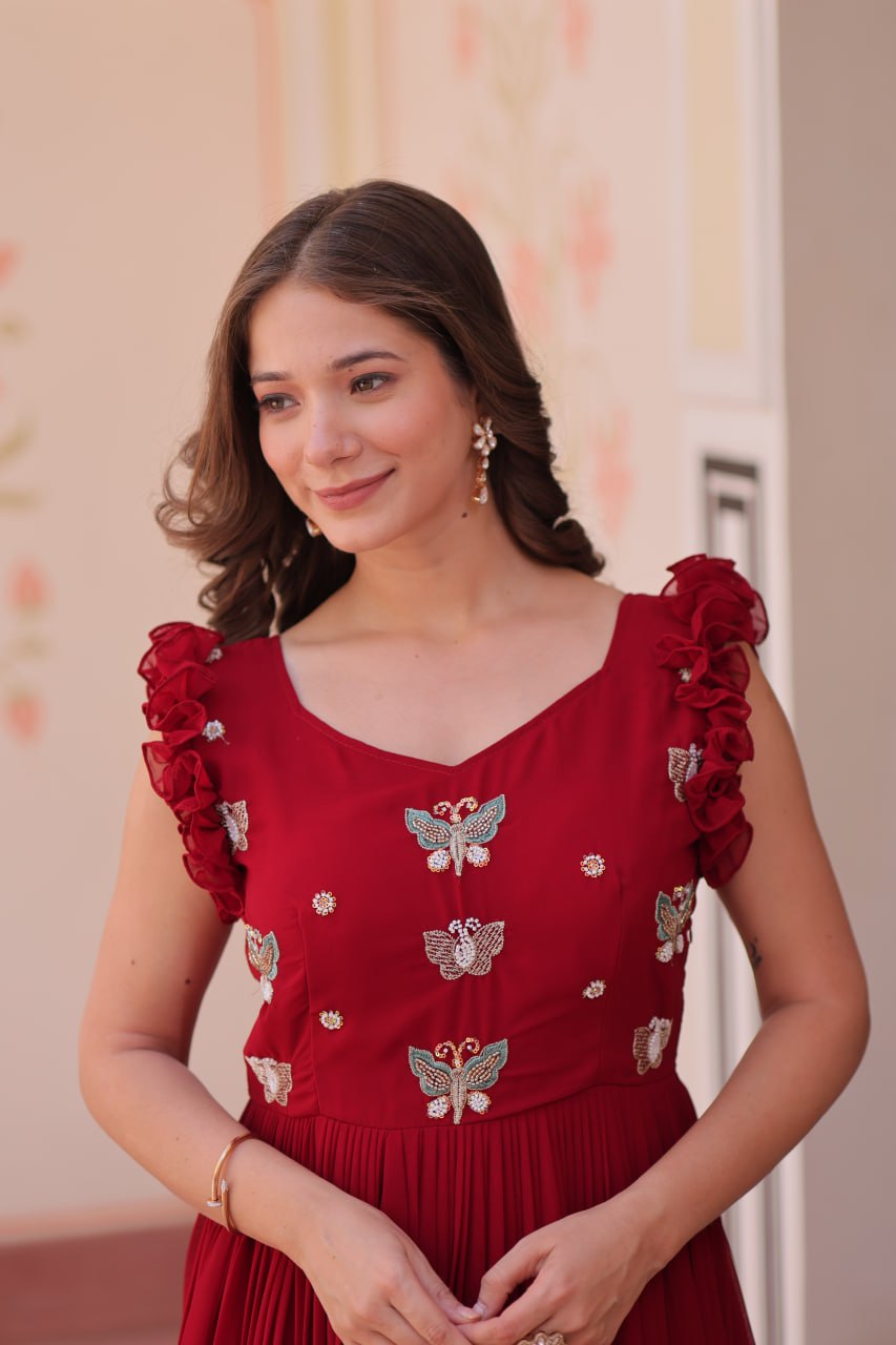 Women's Cotton Embroidered Flared Long Gown With Ruffle Sleeves - Image 10