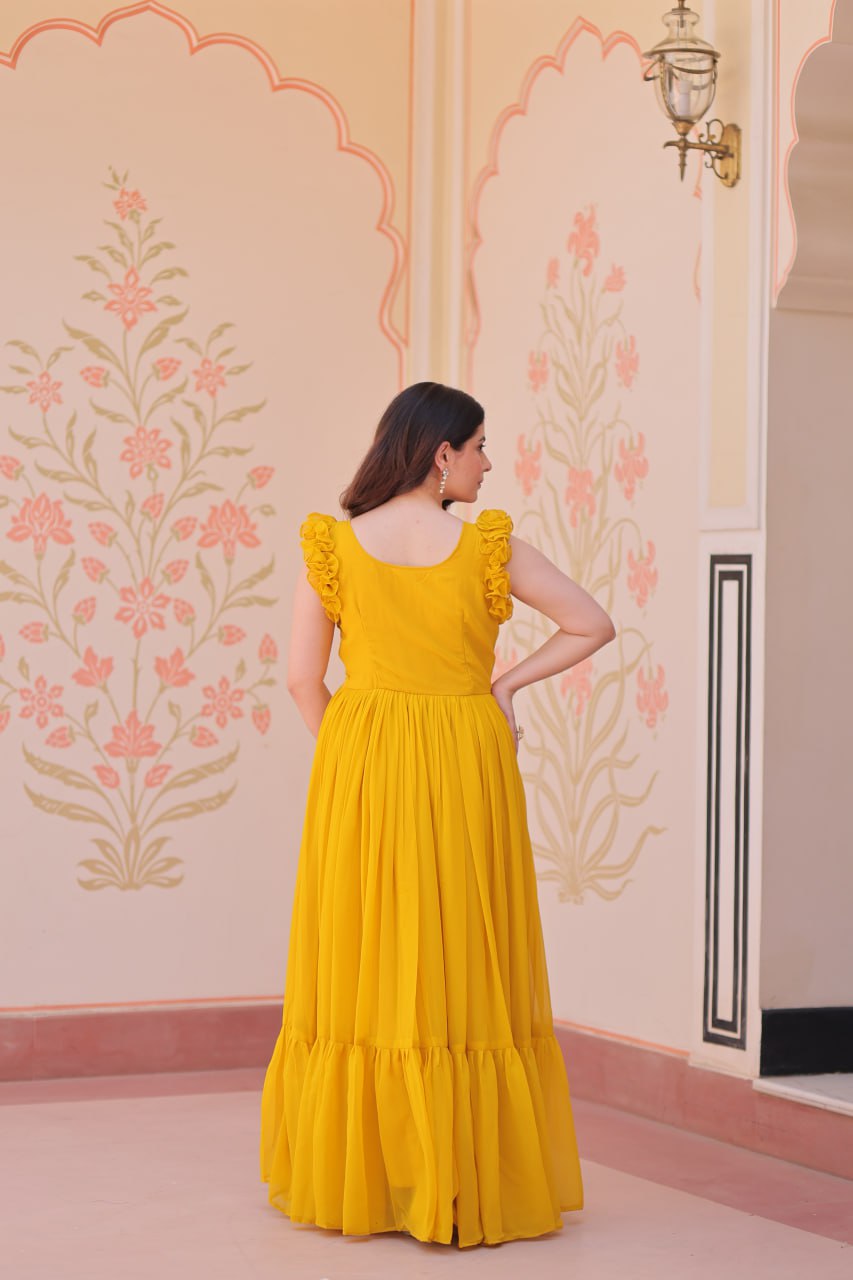 Women's Cotton Embroidered Flared Long Gown With Ruffle Sleeves - Image 11