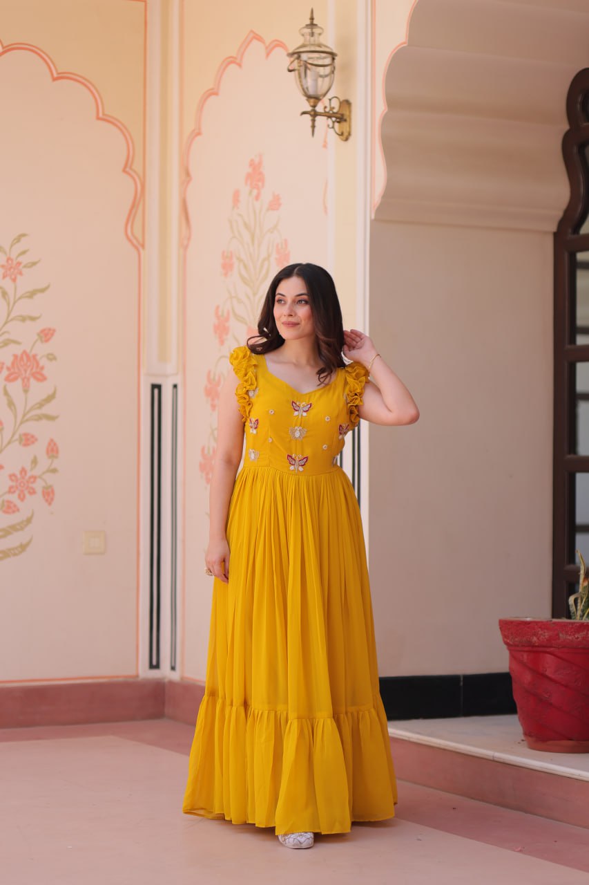 Women's Cotton Embroidered Flared Long Gown With Ruffle Sleeves - Image 12