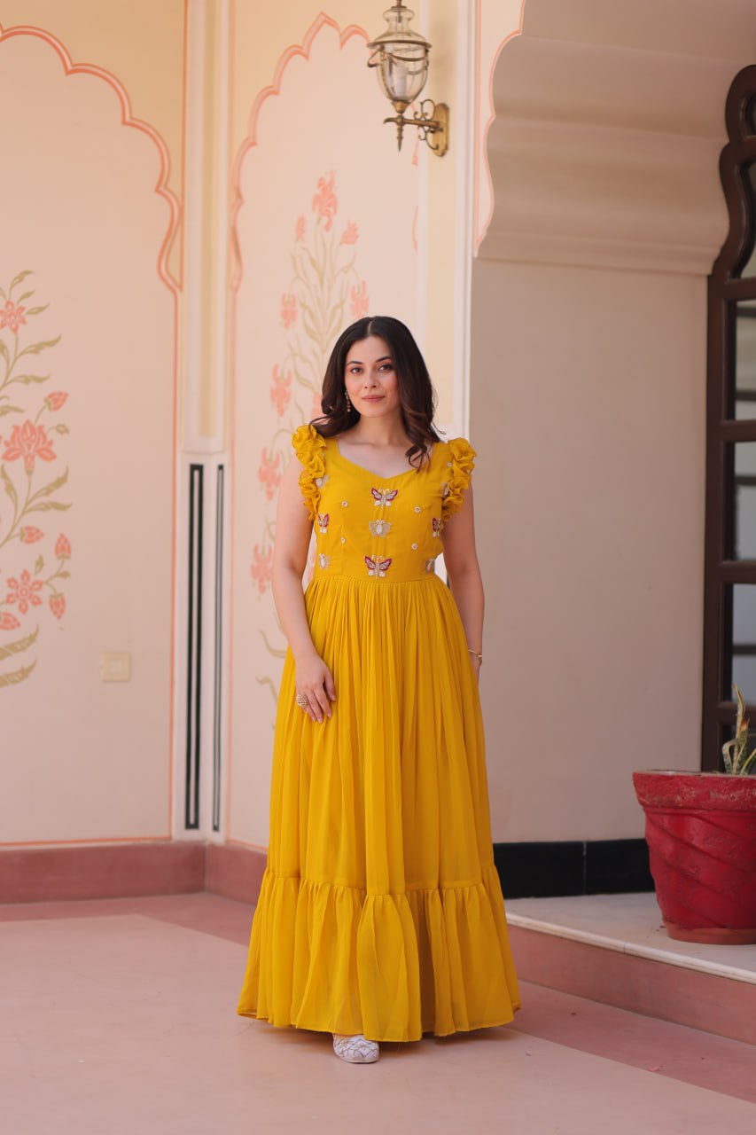 Women's Cotton Embroidered Flared Long Gown With Ruffle Sleeves - Image 13