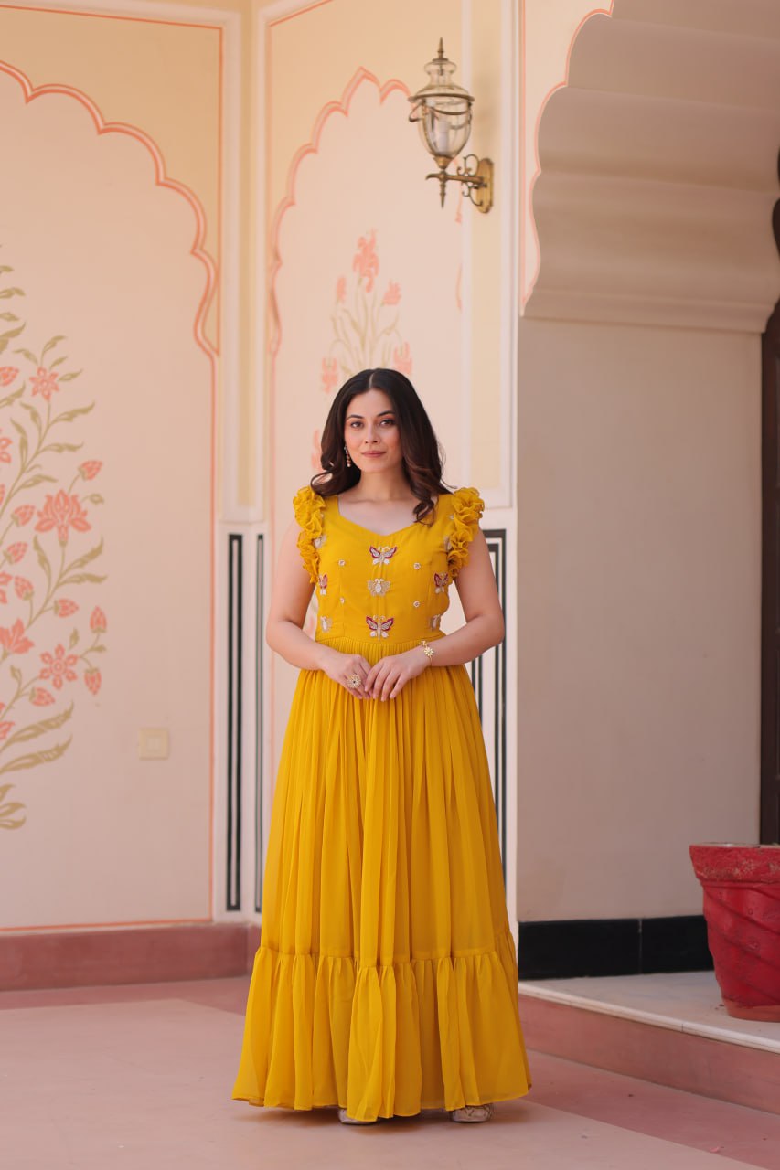 Women's Cotton Embroidered Flared Long Gown With Ruffle Sleeves - Image 14