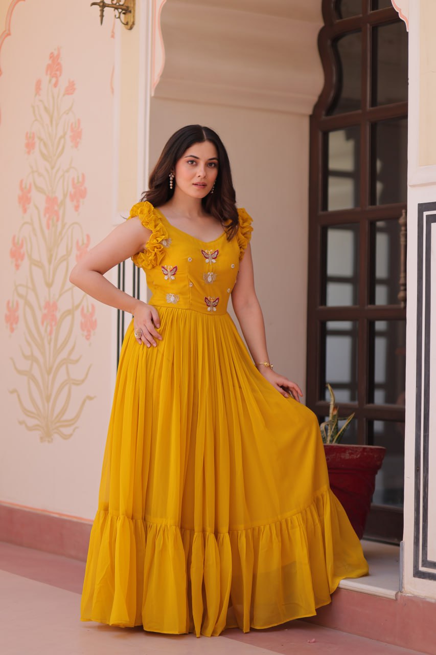 Women's Cotton Embroidered Flared Long Gown With Ruffle Sleeves - Image 15
