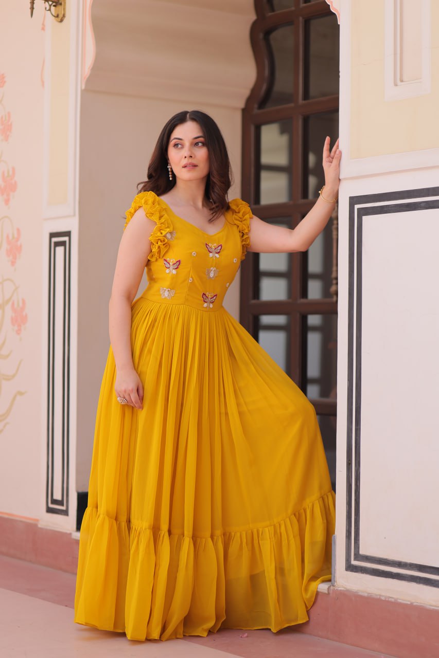 Women's Cotton Embroidered Flared Long Gown With Ruffle Sleeves - Image 16
