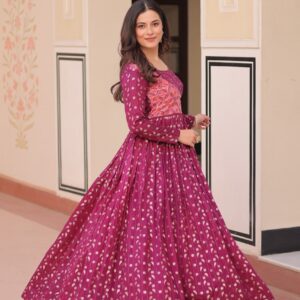 Women's Cotton Printed Anarkali Gown Dress with Embroidered Yoke Design